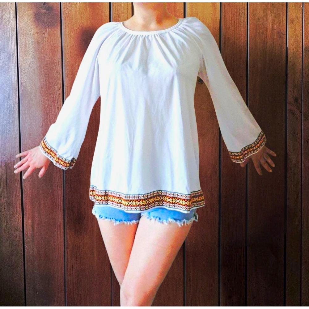 Vintage 70s White Folk Peasant Blouse  Geometric Embroidered Trim Boho Top M L